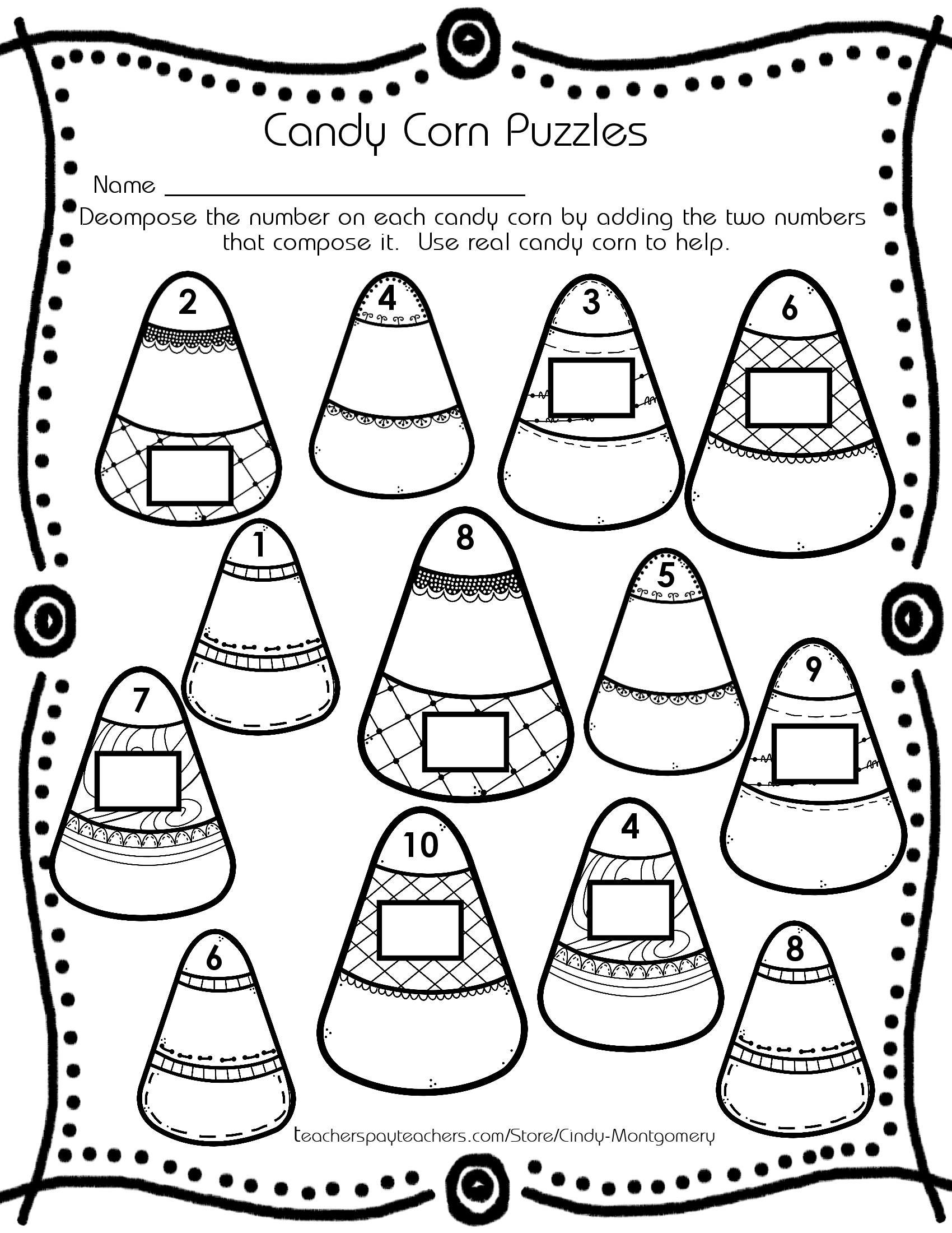 Every Day is the Weekend! l Free Candy Corn Activity Sheet decomposing numbers to 10
